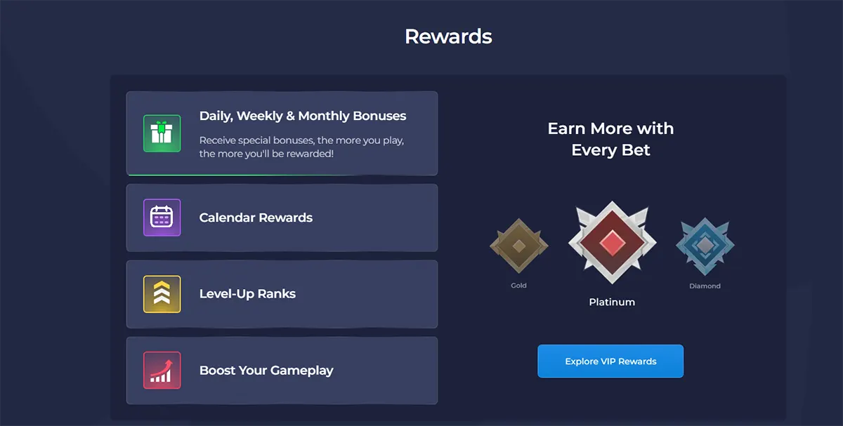 Casino Rewards and VIP program section showing different player benefits such as Daily, Weekly & Monthly Bonuses, Calendar Rewards, Level-Up Ranks, and Gameplay Boosts. The panel also highlights VIP tiers including Gold, Platinum, and Diamond, with a call-to-action button to Explore VIP Rewards and earn more benefits with every bet.