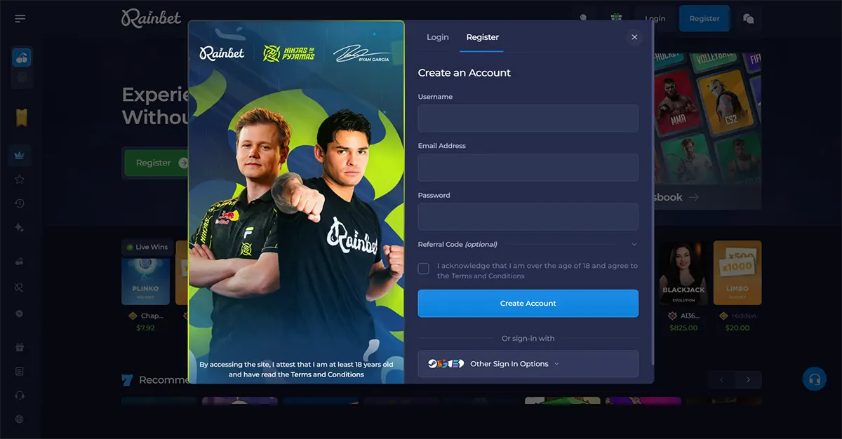 Casino platform account registration pop-up on the Rainbet website showing fields for username, email address, password, and optional referral code, along with a checkbox confirming the user is 18+ and accepts the Terms and Conditions. A Create Account button and alternative sign-in options are provided. On the left side, a promotional panel features two esports personalities associated with Rainbet and Ninjas in Pyjamas.